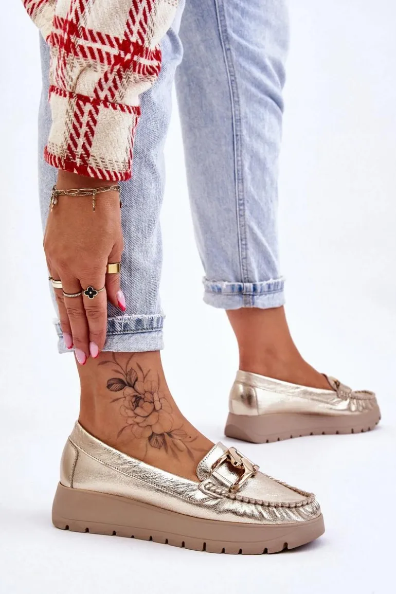 Zazoo 10141 Skórzane Mokasyny Na Platformie Z Ozdobą Złote