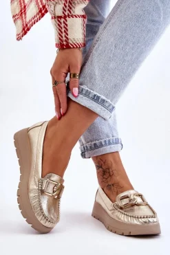 Zazoo 10141 Skórzane Mokasyny Na Platformie Z Ozdobą Złote