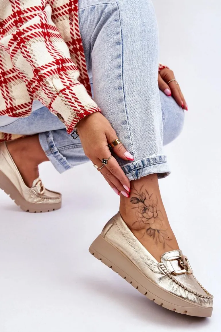 Zazoo 10141 Skórzane Mokasyny Na Platformie Z Ozdobą Złote