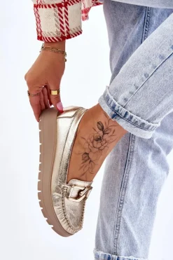 Zazoo 10141 Skórzane Mokasyny Na Platformie Z Ozdobą Złote