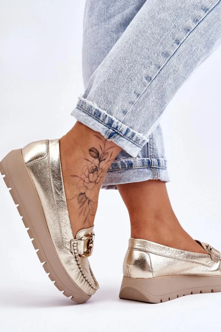 Zazoo 10141 Skórzane Mokasyny Na Platformie Z Ozdobą Złote