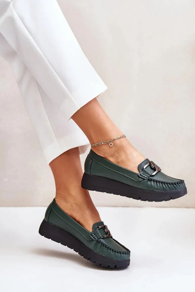 Zazoo 10141 Skórzane Mokasyny Na Platformie Z Ozdobą Ciemnozielone