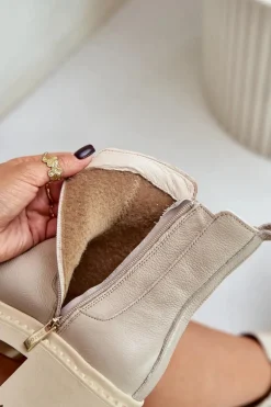 Zazoo 60490 Skórzane Ocieplane Botki Z Ozdobą Jasnobeżowe