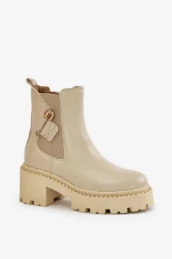Zazoo 60490 Skórzane Ocieplane Botki Z Ozdobą Jasnobeżowe