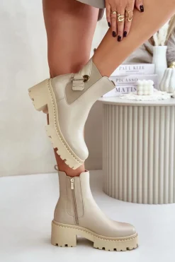 Zazoo 60490 Skórzane Ocieplane Botki Z Ozdobą Jasnobeżowe