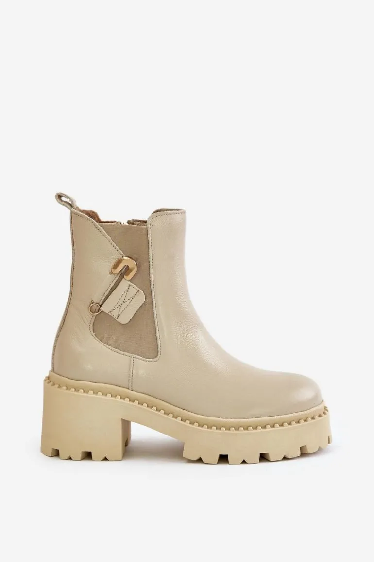 Zazoo 60490 Skórzane Ocieplane Botki Z Ozdobą Jasnobeżowe
