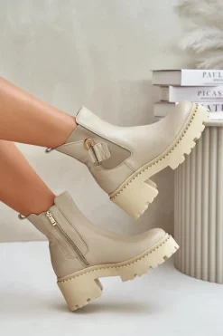 Zazoo 60490 Skórzane Ocieplane Botki Z Ozdobą Jasnobeżowe