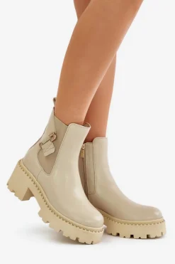 Zazoo 60490 Skórzane Ocieplane Botki Z Ozdobą Jasnobeżowe