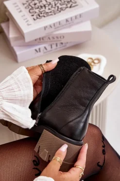 Zazoo 60376 Skórzane Ocieplane Botki Na Suwak Czarne