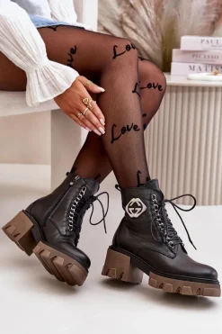 Zazoo 60376 Skórzane Ocieplane Botki Na Suwak Czarne