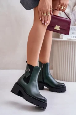 Zazoo 60490 Skórzane Ocieplane Botki Z Ozdobą Ciemnozielone