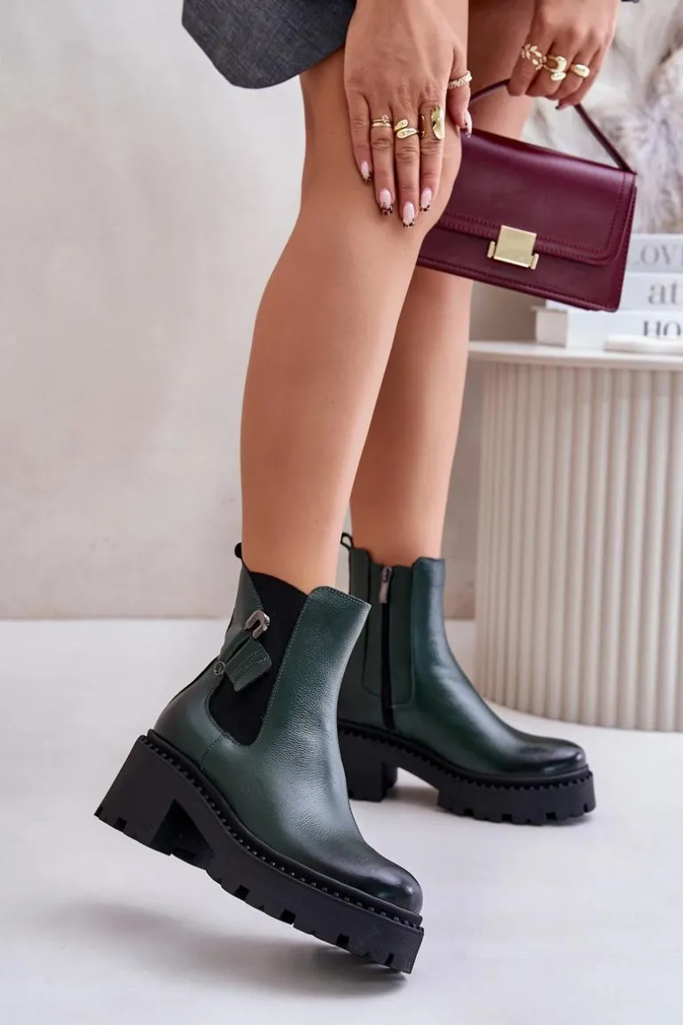 Zazoo 60490 Skórzane Ocieplane Botki Z Ozdobą Ciemnozielone