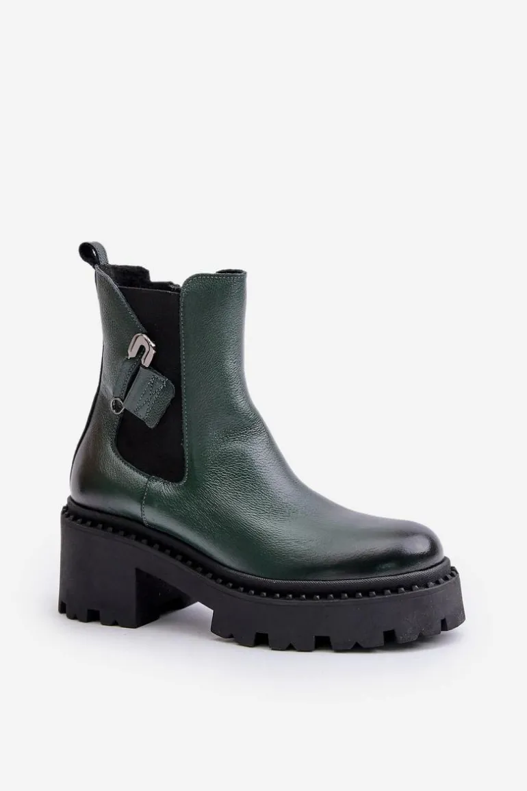 Zazoo 60490 Skórzane Ocieplane Botki Z Ozdobą Ciemnozielone