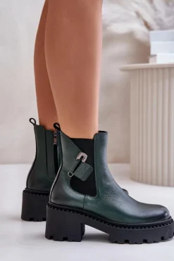 Zazoo 60490 Skórzane Ocieplane Botki Z Ozdobą Ciemnozielone