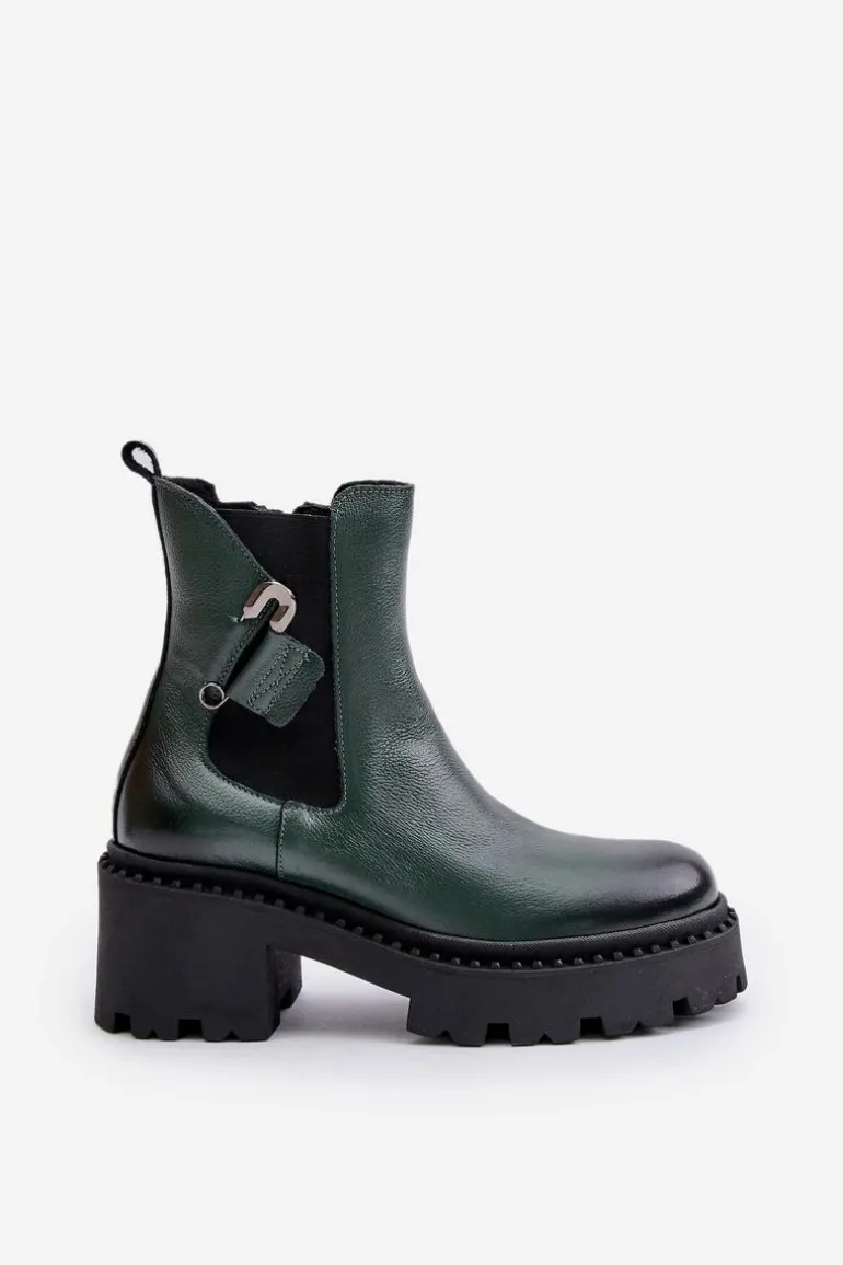 Zazoo 60490 Skórzane Ocieplane Botki Z Ozdobą Ciemnozielone