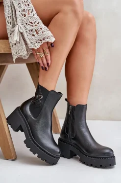 Zazoo 60490 Skórzane Ocieplane Botki Z Ozdobą Czarne