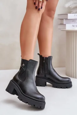 Zazoo 60490 Skórzane Ocieplane Botki Z Ozdobą Czarne