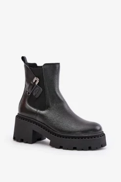 Zazoo 60490 Skórzane Ocieplane Botki Z Ozdobą Czarne