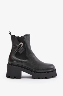Zazoo 60490 Skórzane Ocieplane Botki Z Ozdobą Czarne