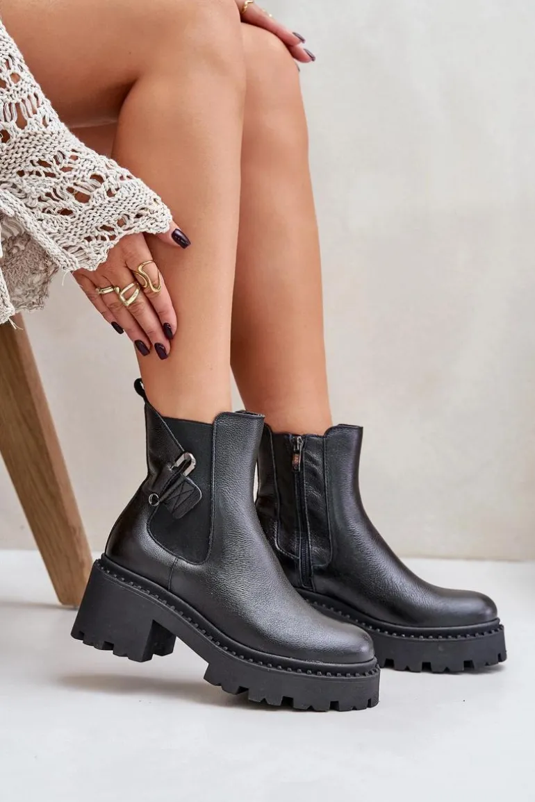 Zazoo 60490 Skórzane Ocieplane Botki Z Ozdobą Czarne