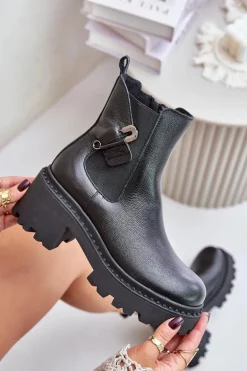 Zazoo 60490 Skórzane Ocieplane Botki Z Ozdobą Czarne