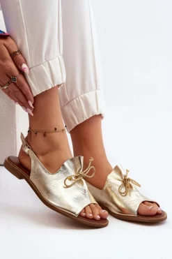 Zazoo 2898 Skórzane Płaskie Sandały Złote