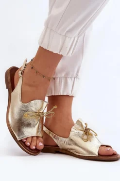 Zazoo 2898 Skórzane Płaskie Sandały Złote