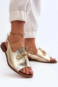 Zazoo 2898 Skórzane Płaskie Sandały Złote