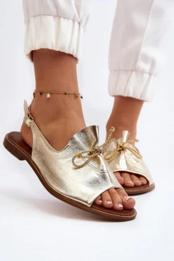 Zazoo 2898 Skórzane Płaskie Sandały Złote