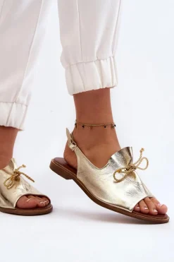 Zazoo 2898 Skórzane Płaskie Sandały Złote