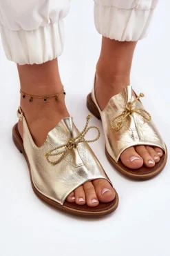 Zazoo 2898 Skórzane Płaskie Sandały Złote