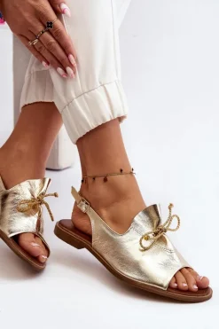 Zazoo 2898 Skórzane Płaskie Sandały Złote