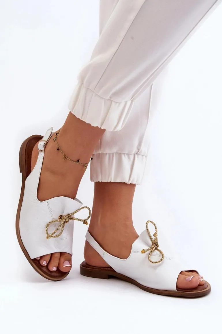 Zazoo 2898 Skórzane Płaskie Sandały Białe