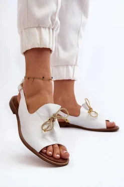 Zazoo 2898 Skórzane Płaskie Sandały Białe