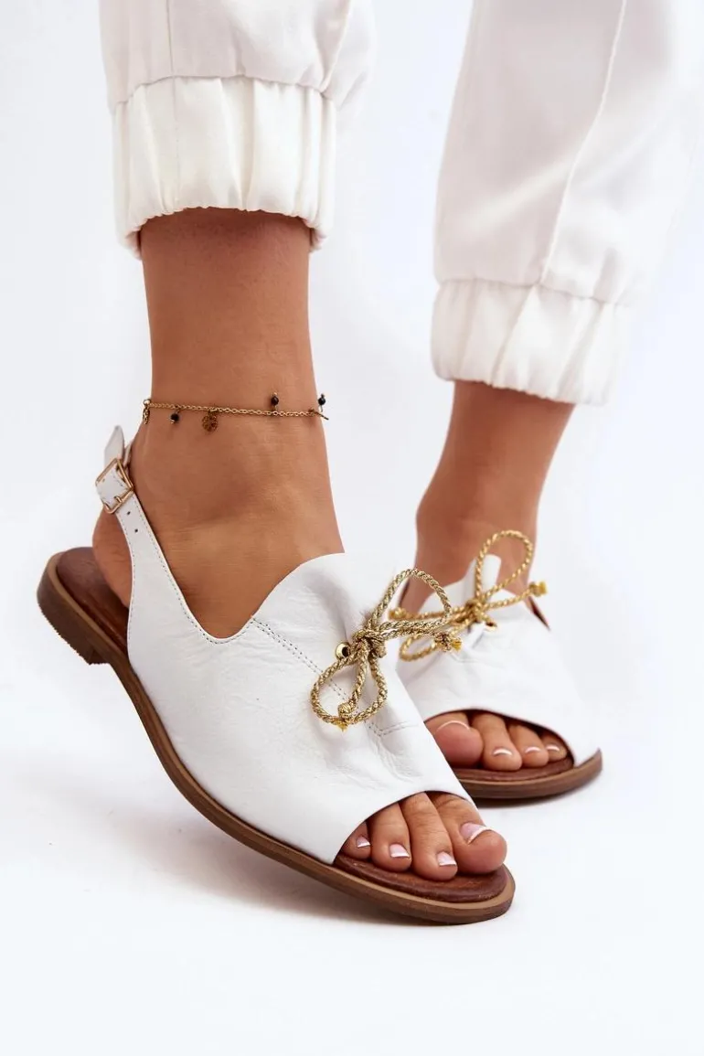 Zazoo 2898 Skórzane Płaskie Sandały Białe