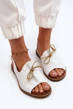 Zazoo 2898 Skórzane Płaskie Sandały Białe