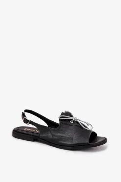 Zazoo 2898 Skórzane Płaskie Sandały Czarne