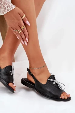 Zazoo 2898 Skórzane Płaskie Sandały Czarne