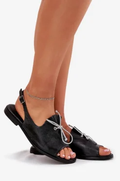 Zazoo 2898 Skórzane Płaskie Sandały Czarne