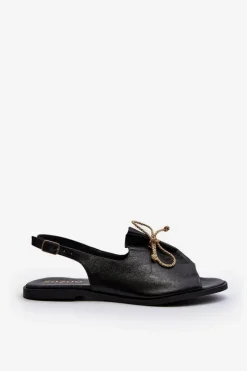 Zazoo 2898 Skórzane Płaskie Sandały Czarne