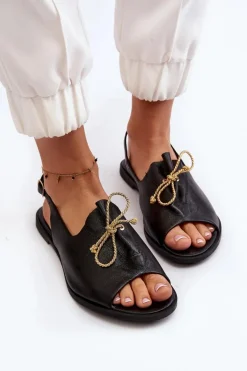 Zazoo 2898 Skórzane Płaskie Sandały Czarne