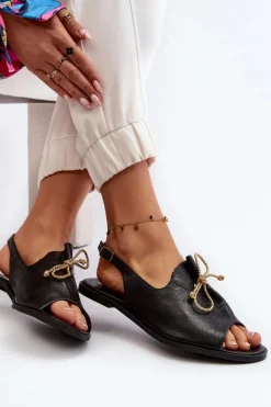 Zazoo 2898 Skórzane Płaskie Sandały Czarne