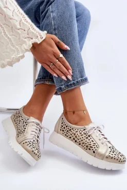 Zazoo 2821 Skórzane Półbuty Damskie Ażurowe Złote