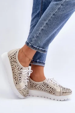 Zazoo 2821 Skórzane Półbuty Damskie Ażurowe Złote