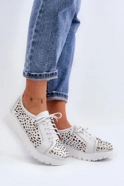 Zazoo 2821 Skórzane Półbuty Damskie Ażurowe Jasnoszare