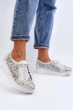 Zazoo 2821 Skórzane Półbuty Damskie Ażurowe Jasnoszare