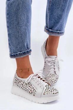 Zazoo 2821 Skórzane Półbuty Damskie Ażurowe Jasnoszare