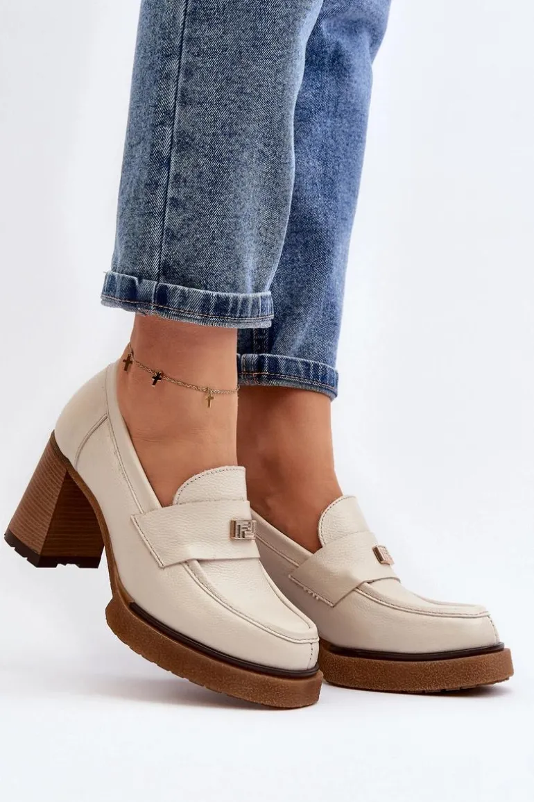 Zazoo 20169 Skórzane Półbuty Na Obcasie Beżowe