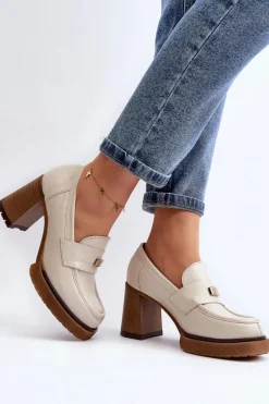 Zazoo 20169 Skórzane Półbuty Na Obcasie Beżowe