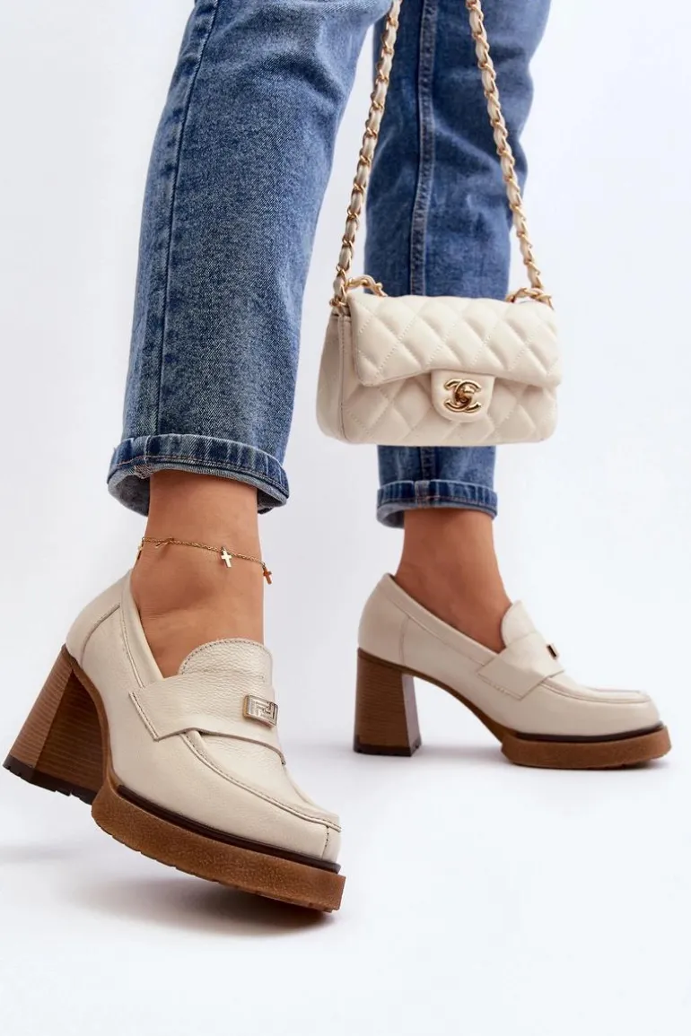 Zazoo 20169 Skórzane Półbuty Na Obcasie Beżowe